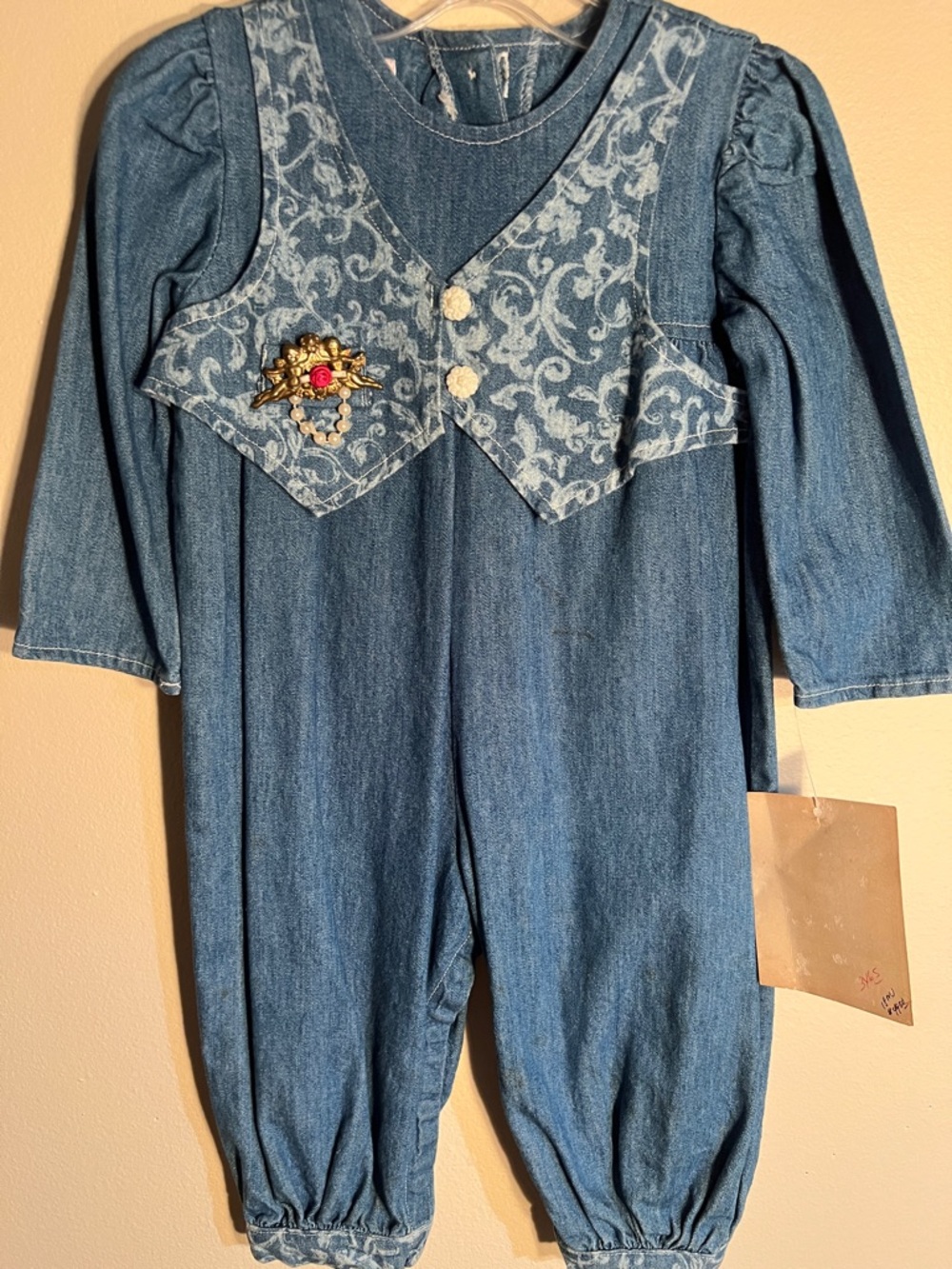 Vintage Denim Blue Long-Sleeve Girls One-Piece Romper